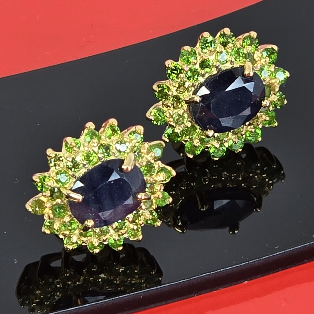 925 Sterling Silver Earrings with Natural Sapphire 6x8mm & Chrome Diopside Gems